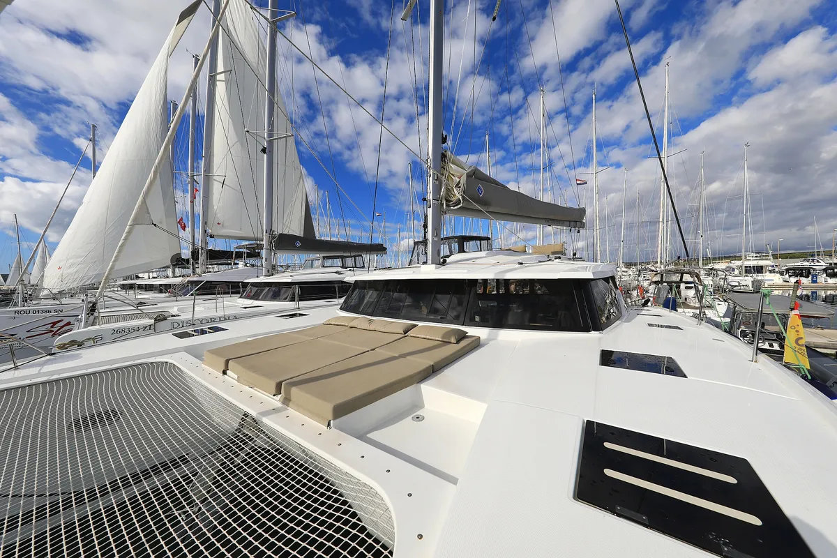 Exterior view of Aquarius, a Fountaine Pajot Saona 47 Quintet catamaran at Grad Biograd na Moru, Croatia