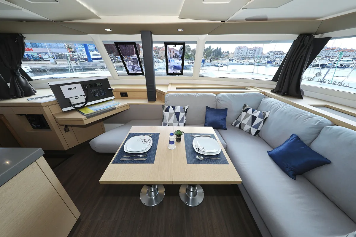 Salon of Aquarius, a Fountaine Pajot Saona 47 Quintet catamaran at Grad Biograd na Moru, Croatia