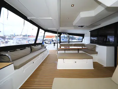 Salon of Aquarius, a Fountaine Pajot Saona 47 Quintet catamaran at Grad Biograd na Moru, Croatia