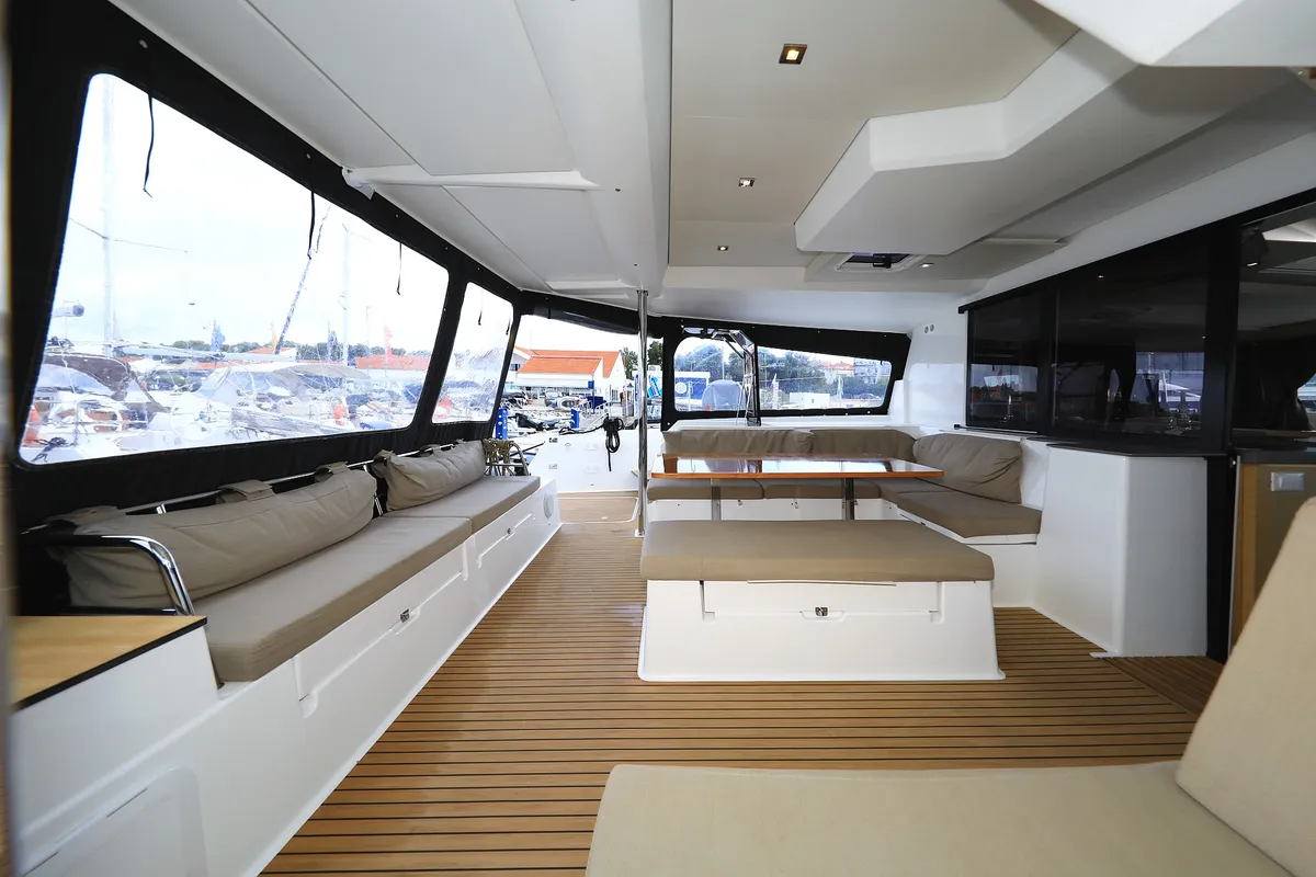 Salon of Aquarius, a Fountaine Pajot Saona 47 Quintet catamaran at Grad Biograd na Moru, Croatia