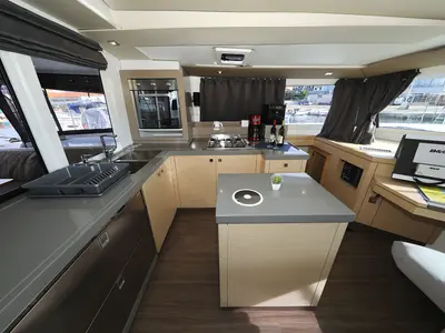 Galley of Aquarius, a Fountaine Pajot Saona 47 Quintet catamaran at Grad Biograd na Moru, Croatia