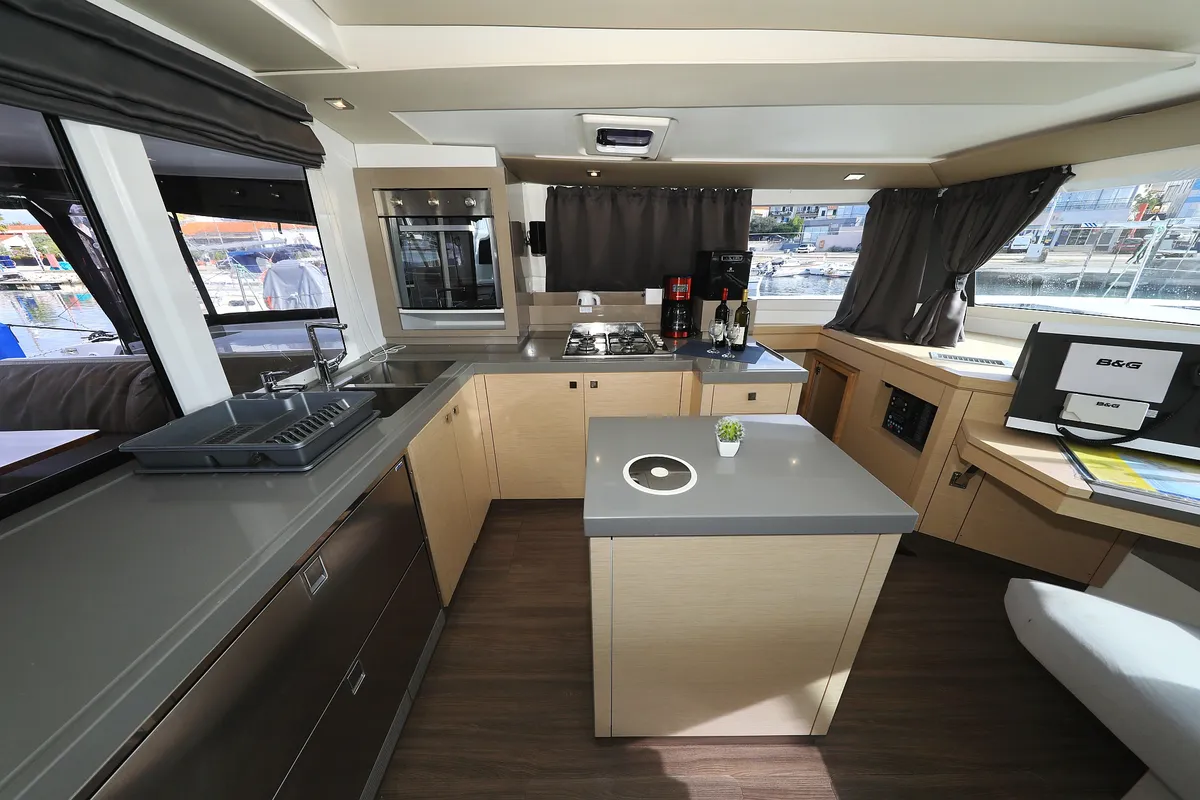 Galley of Aquarius, a Fountaine Pajot Saona 47 Quintet catamaran at Grad Biograd na Moru, Croatia