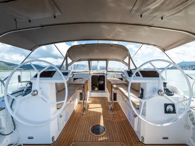 Cockpit of Barbagiannis, a Bavaria C45 sailboat at Municipal Unit of Lefkada, Greece