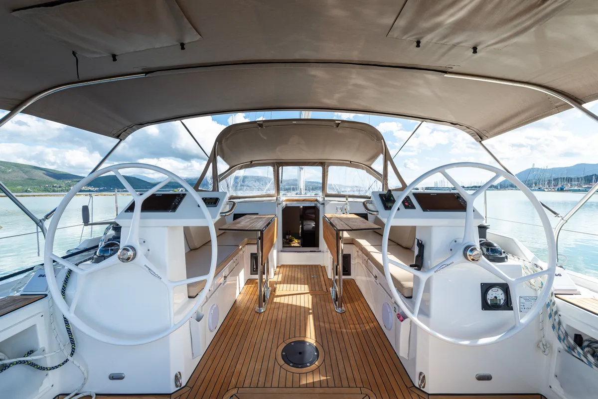 Cockpit of Barbagiannis, a Bavaria C45 sailboat at Municipal Unit of Lefkada, Greece
