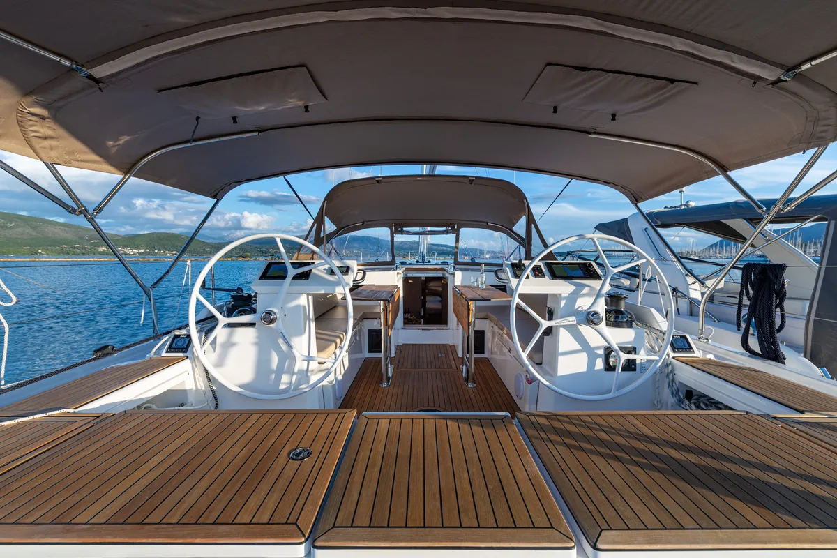 Cockpit of Barbagiannis, a Bavaria C45 sailboat at Municipal Unit of Lefkada, Greece