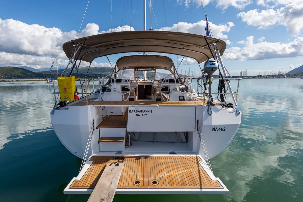 Exterior view of Barbagiannis, a Bavaria C45 sailboat at Municipal Unit of Lefkada, Greece