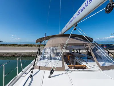 Deck of Barbagiannis, a Bavaria C45 sailboat at Municipal Unit of Lefkada, Greece