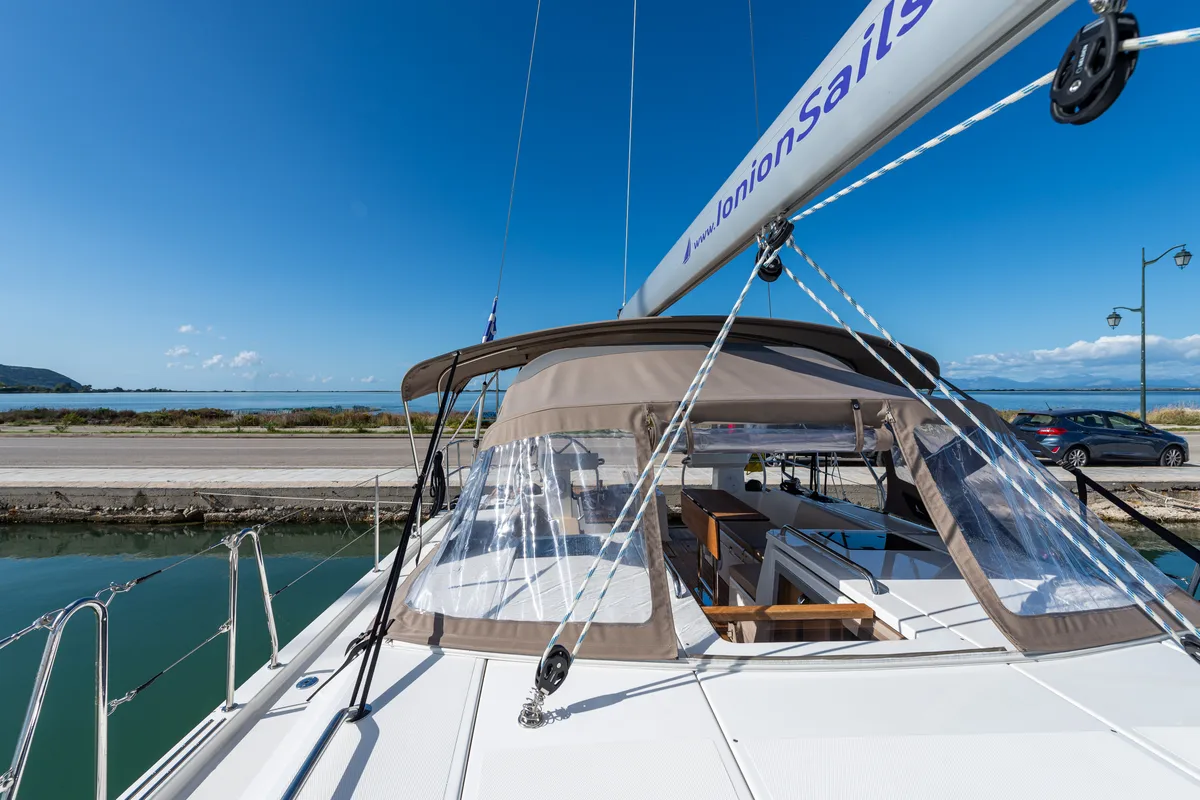 Deck of Barbagiannis, a Bavaria C45 sailboat at Municipal Unit of Lefkada, Greece