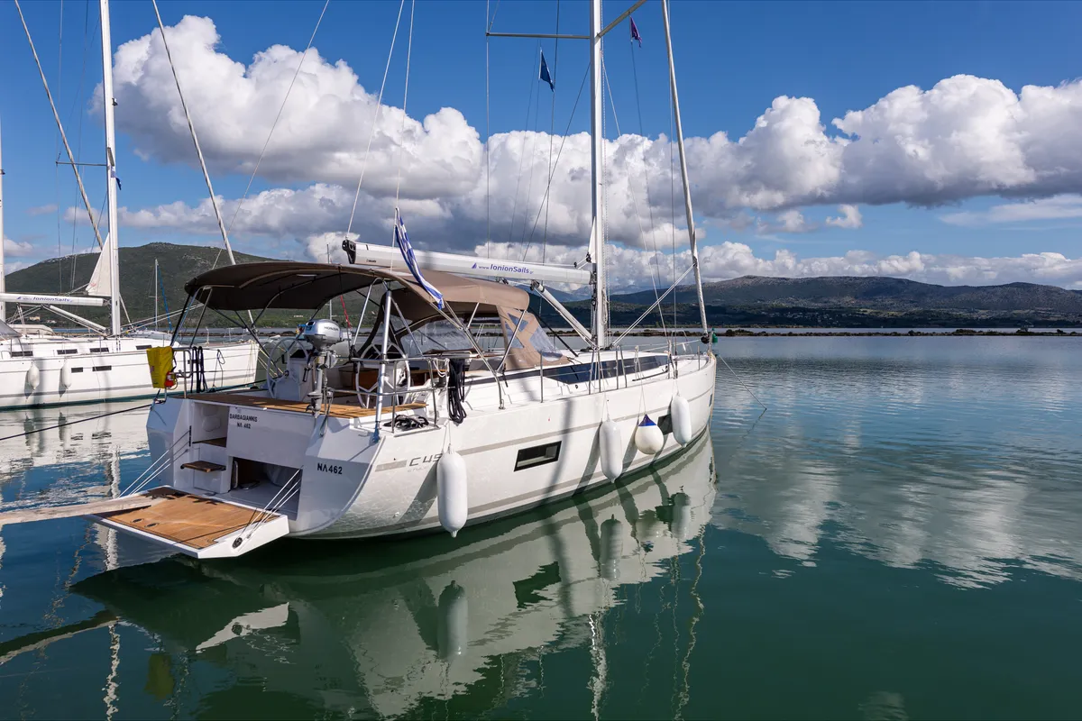 Exterior view of Barbagiannis, a Bavaria C45 sailboat at Municipal Unit of Lefkada, Greece