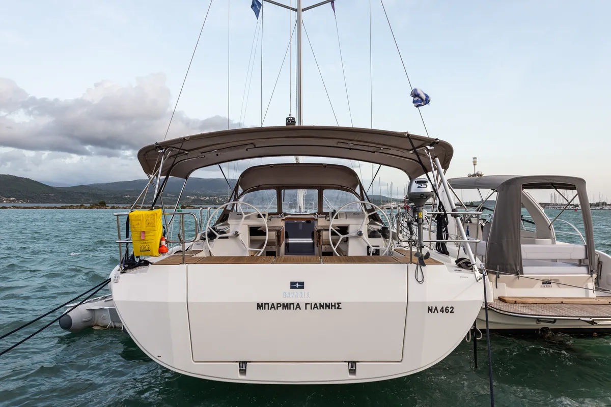Exterior view of Barbagiannis, a Bavaria C45 sailboat at Municipal Unit of Lefkada, Greece