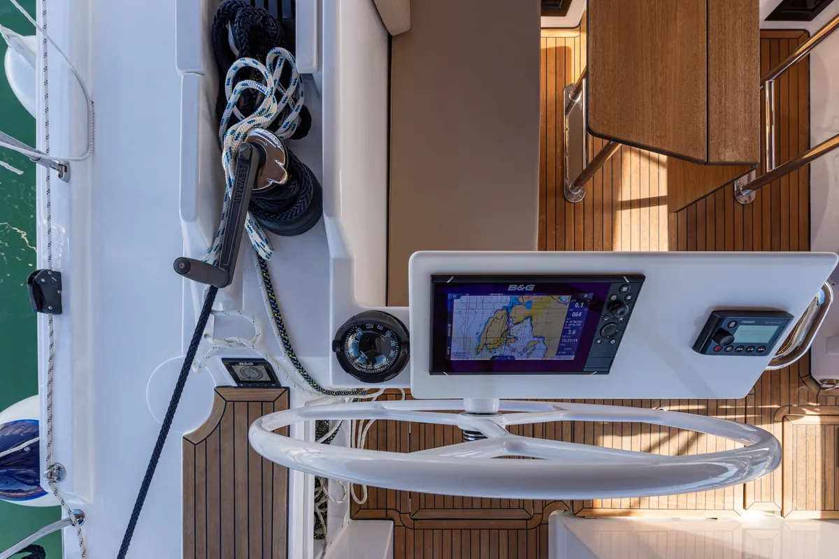 Cockpit of Barbagiannis, a Bavaria C45 sailboat at Municipal Unit of Lefkada, Greece