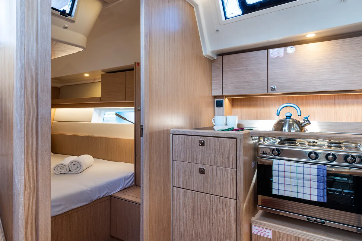 Galley of Barbagiannis, a Bavaria C45 sailboat at Municipal Unit of Lefkada, Greece