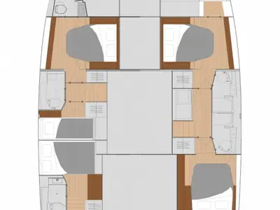 Floor plan of Barefoot Oasis, a Fountaine Pajot Saona 47 Quintet catamaran at Road Town, British Virgin Islands