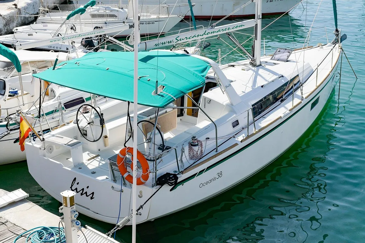 Exterior view of Lisis, a Beneteau Oceanis 38 sailboat at Sitges, Spain