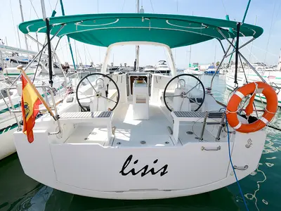 Cockpit of Lisis, a Beneteau Oceanis 38 sailboat at Sitges, Spain