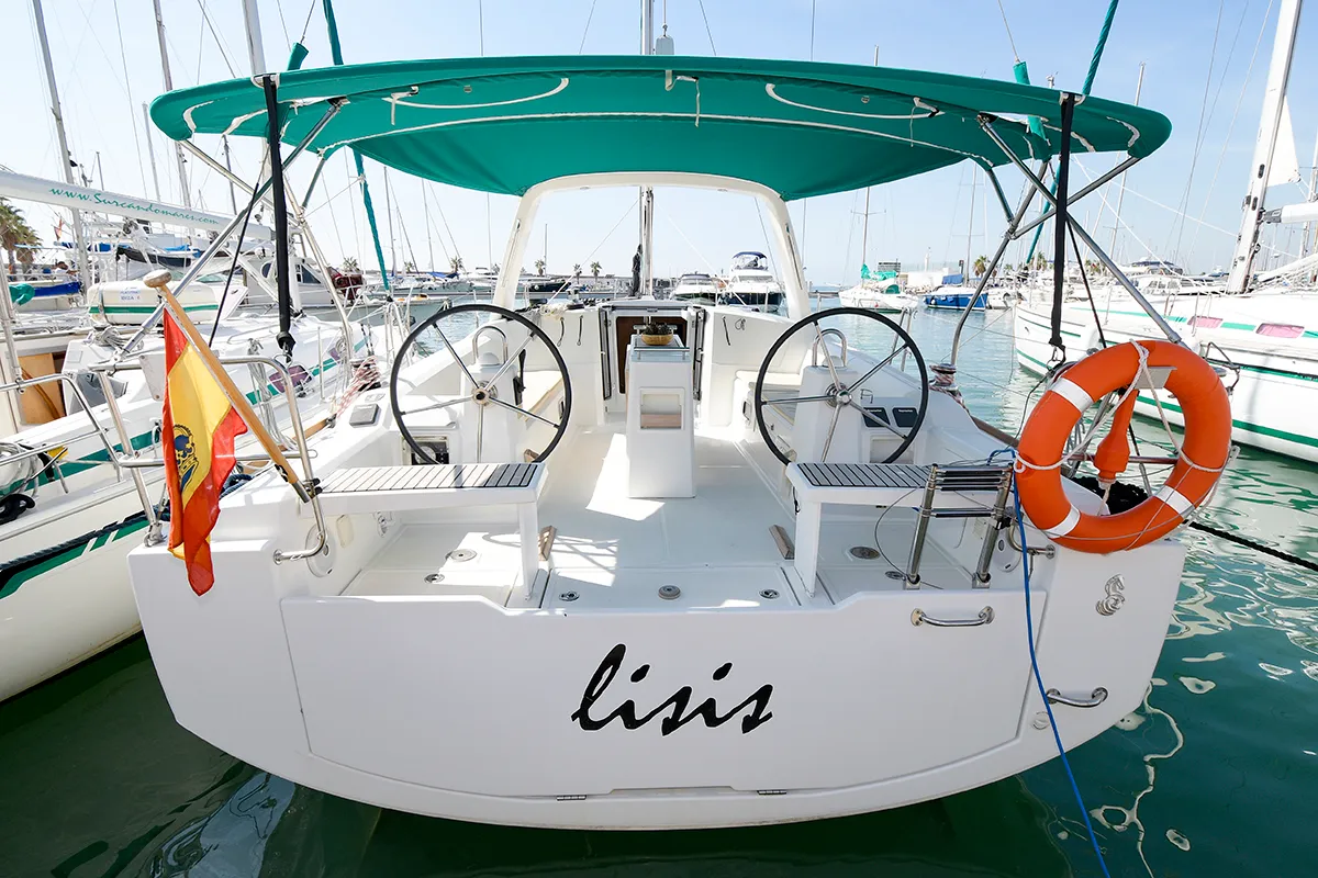 Cockpit of Lisis, a Beneteau Oceanis 38 sailboat at Sitges, Spain