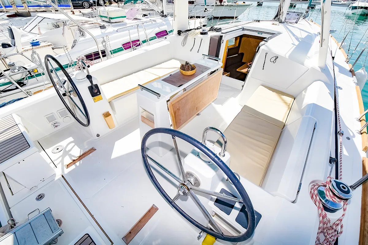 Cockpit of Lisis, a Beneteau Oceanis 38 sailboat at Sitges, Spain