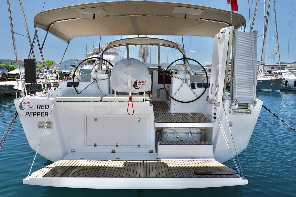 Exterior view of Red Pepper, a Dufour 460 Grand Large sailboat at Marmaris, Turkey