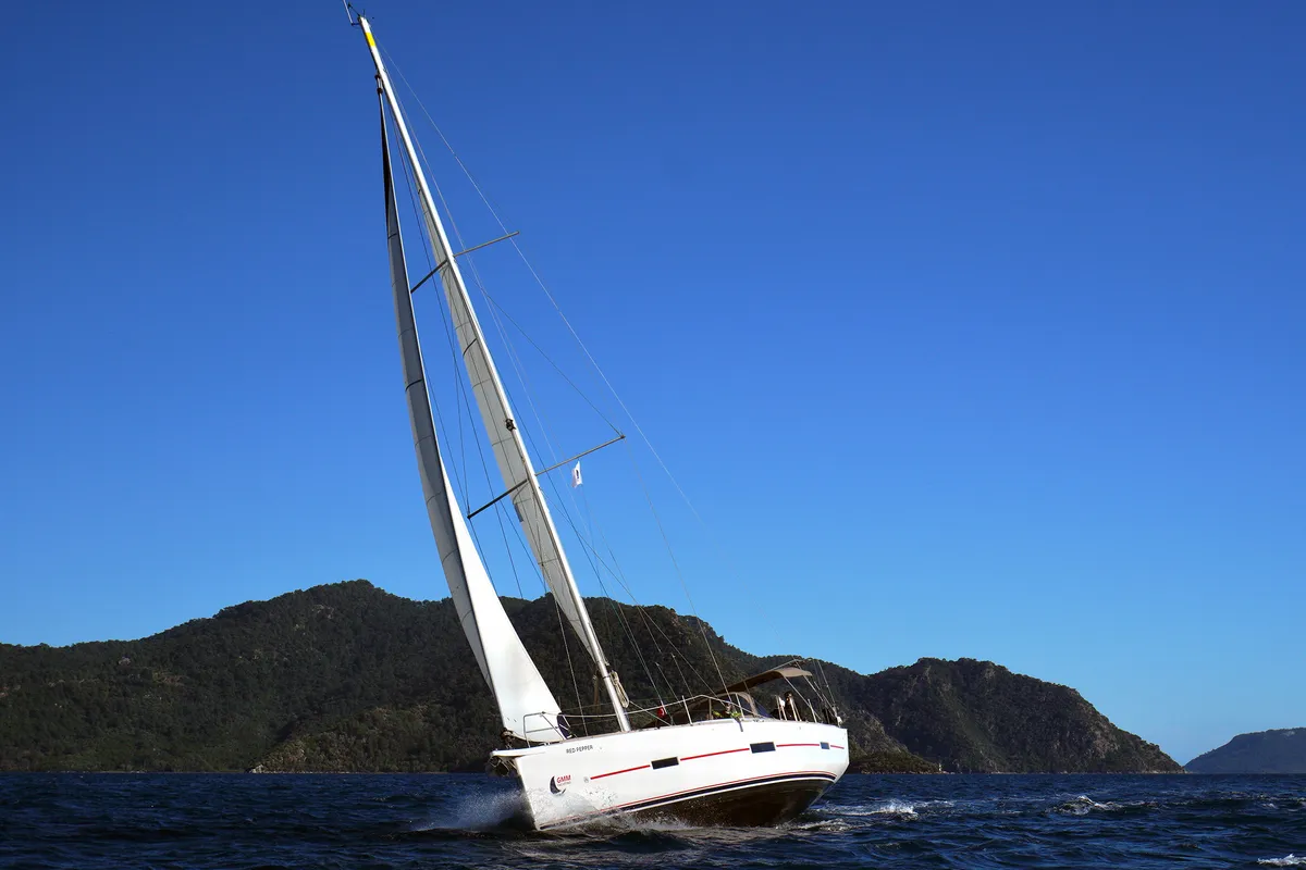 Exterior view of Red Pepper, a Dufour 460 Grand Large sailboat at Marmaris, Turkey