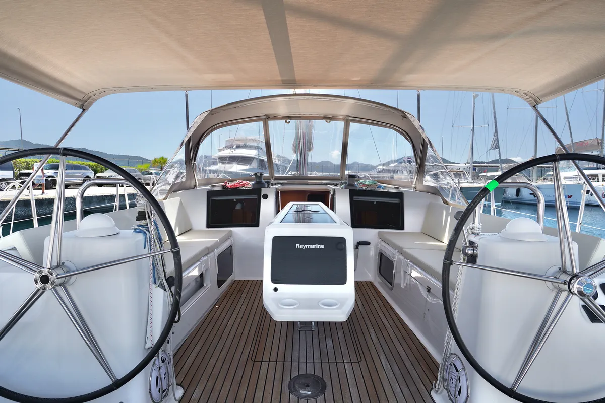 Cockpit of Red Pepper, a Dufour 460 Grand Large sailboat at Marmaris, Turkey