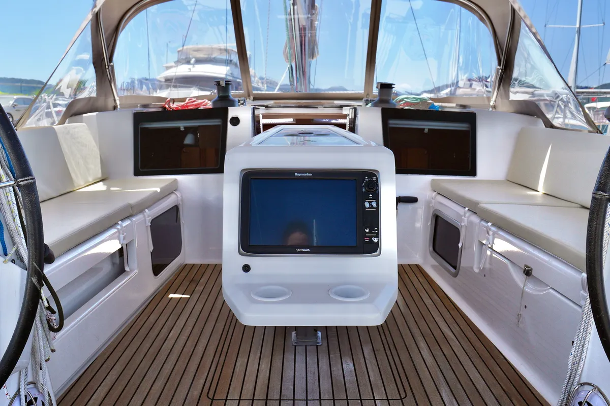 Cockpit of Red Pepper, a Dufour 460 Grand Large sailboat at Marmaris, Turkey