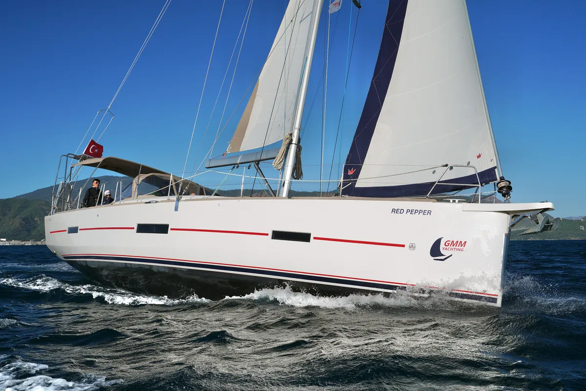 Exterior view of Red Pepper, a Dufour 460 Grand Large sailboat at Marmaris, Turkey