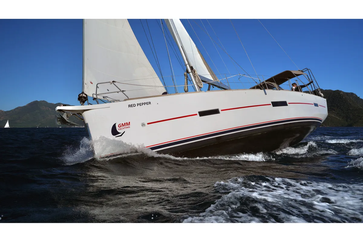 Exterior view of Red Pepper, a Dufour 460 Grand Large sailboat at Marmaris, Turkey