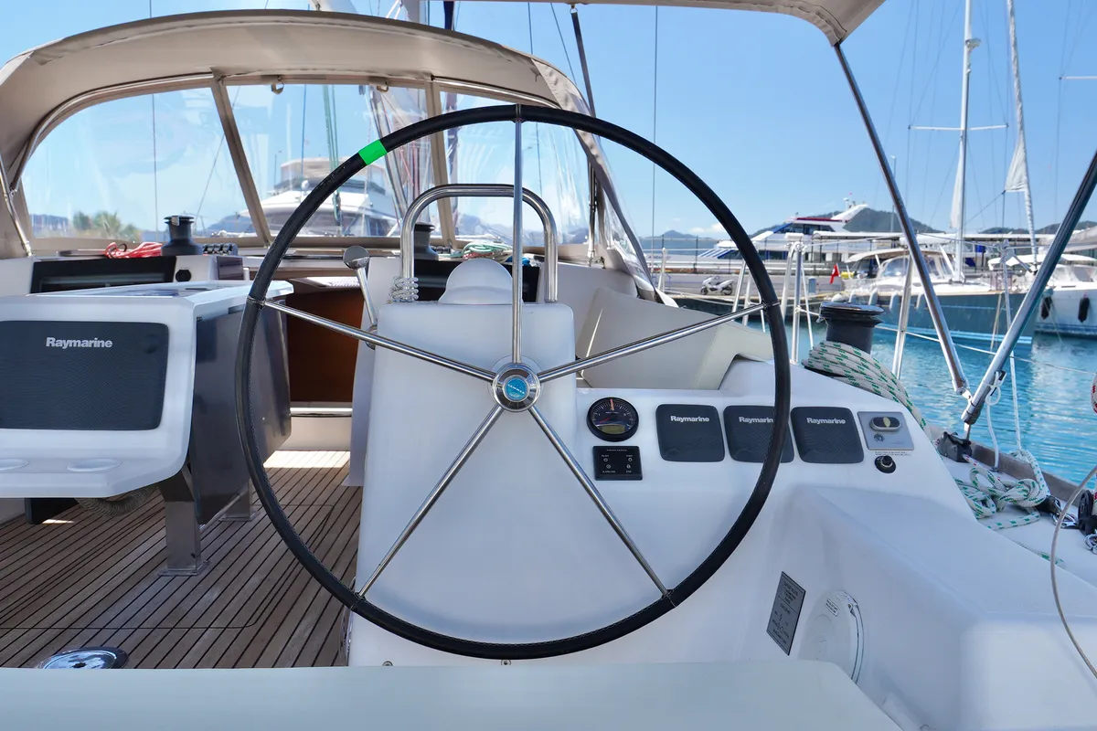 Cockpit of Red Pepper, a Dufour 460 Grand Large sailboat at Marmaris, Turkey