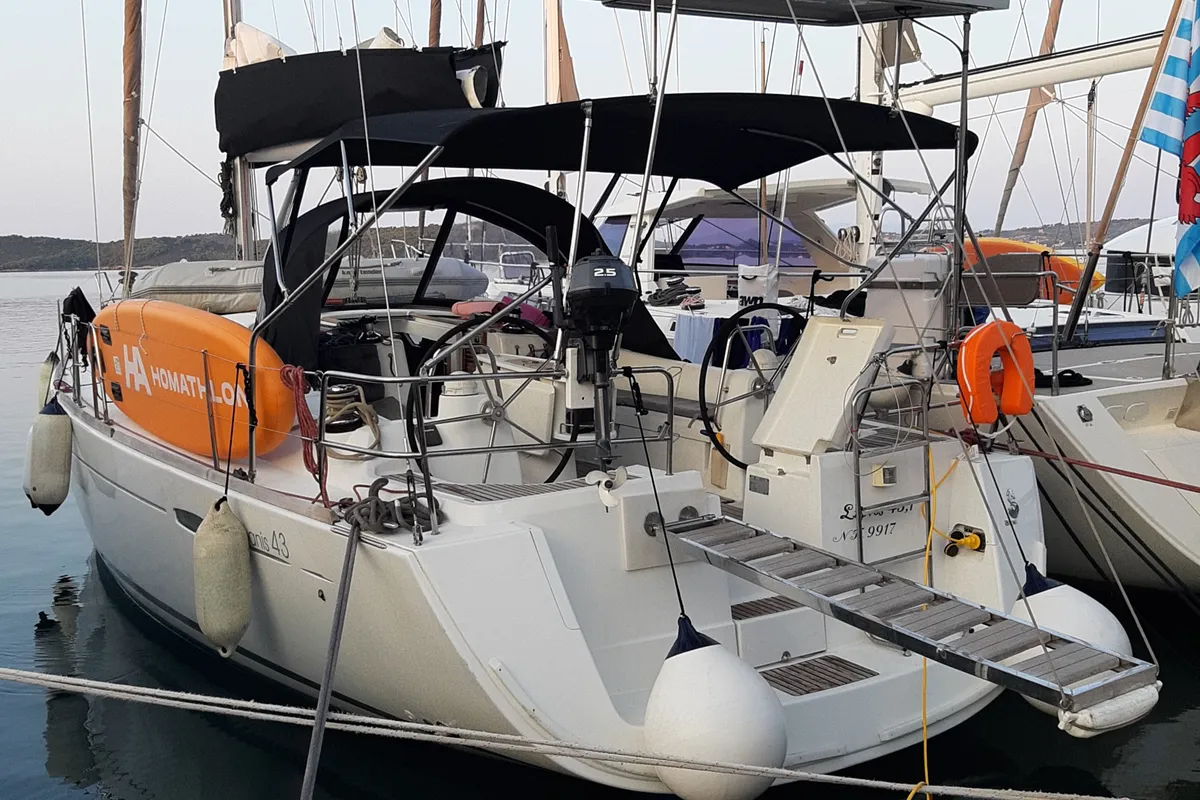 Exterior view of Sifnos 43.1, a Beneteau Oceanis 43 sailboat at Athens, Marina Delta Kallithea, Greece