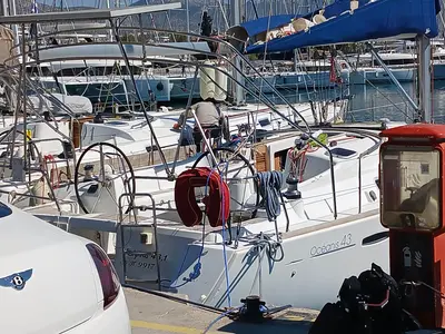 Exterior view of Sifnos 43.1, a Beneteau Oceanis 43 sailboat at Athens, Marina Delta Kallithea, Greece