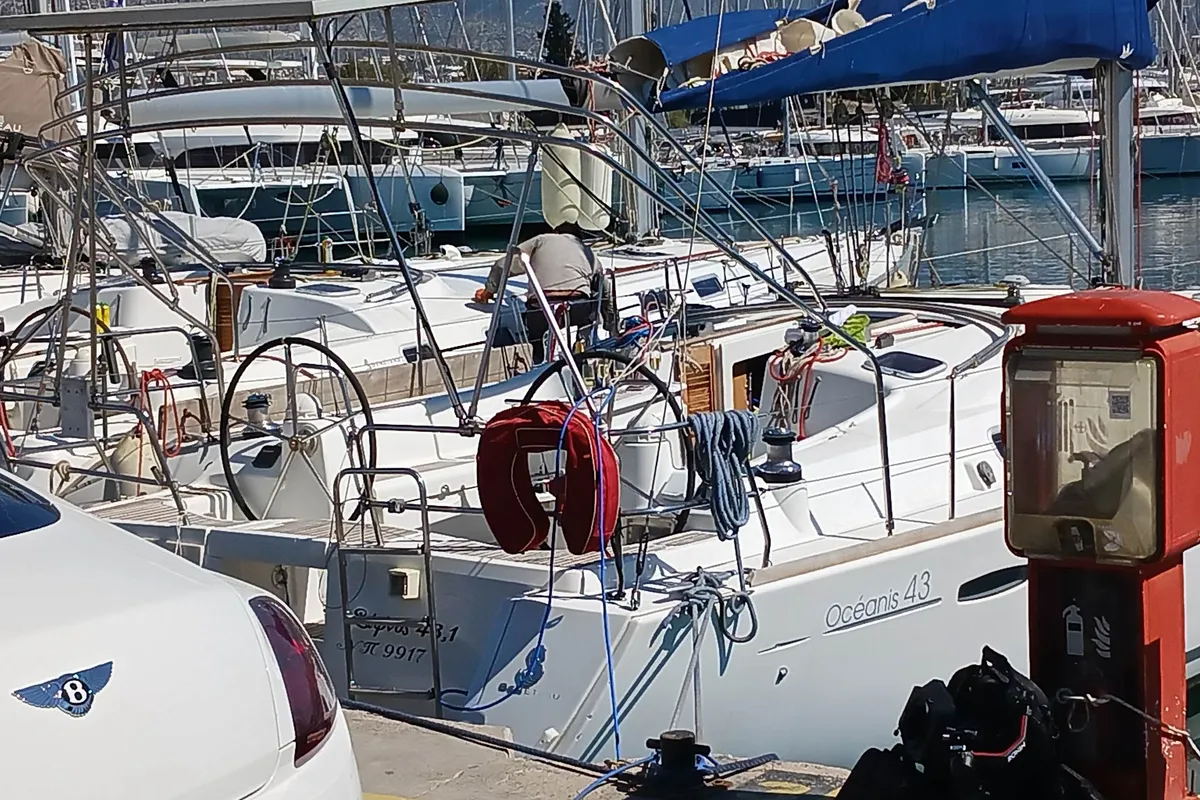 Exterior view of Sifnos 43.1, a Beneteau Oceanis 43 sailboat at Athens, Marina Delta Kallithea, Greece