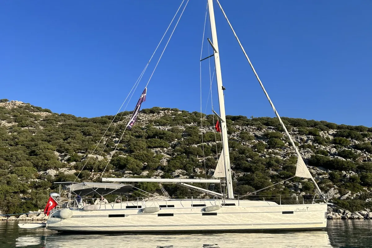 Exterior view of Priceless, a Bavaria Cruiser 40 sailboat at Fethiye, Turkey