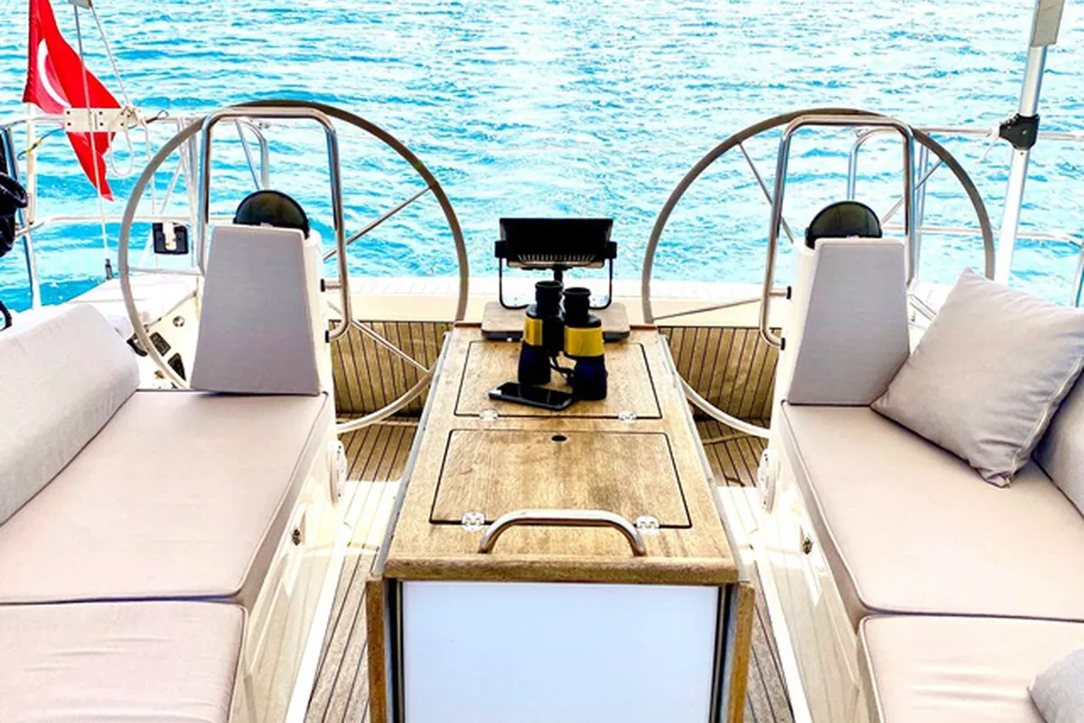 Exterior view of Priceless, a Bavaria Cruiser 40 sailboat at Fethiye, Turkey