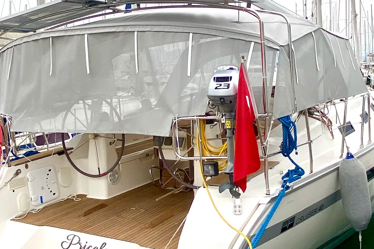 Exterior view of Priceless, a Bavaria Cruiser 40 sailboat at Fethiye, Turkey