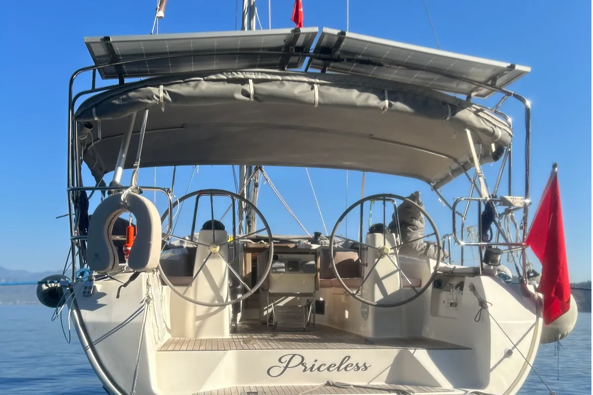 Exterior view of Priceless, a Bavaria Cruiser 40 sailboat at Fethiye, Turkey