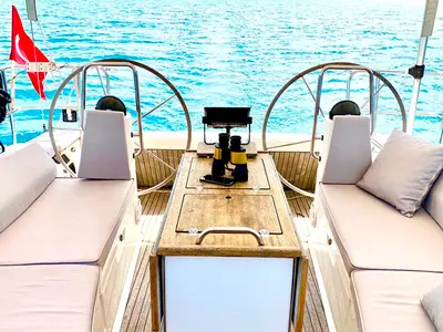 Cockpit of Priceless, a Bavaria Cruiser 40 sailboat at Fethiye, Turkey