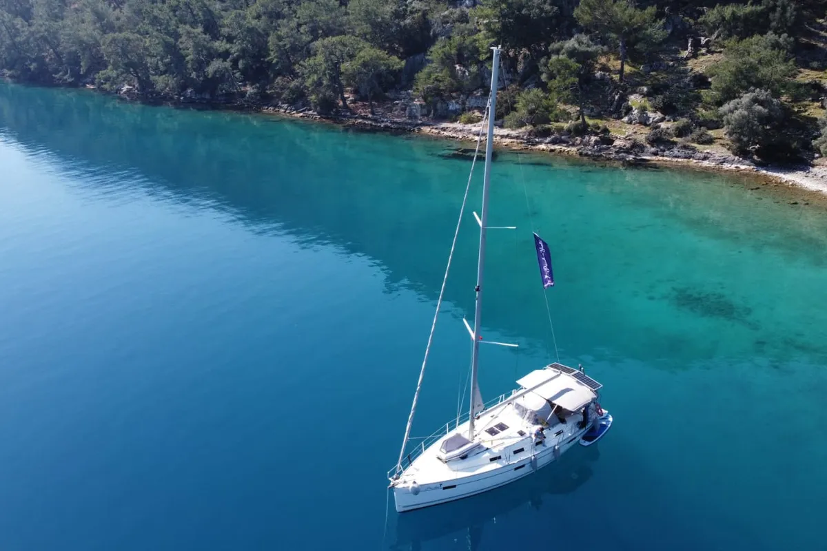 Exterior view of Priceless, a Bavaria Cruiser 40 sailboat at Fethiye, Turkey