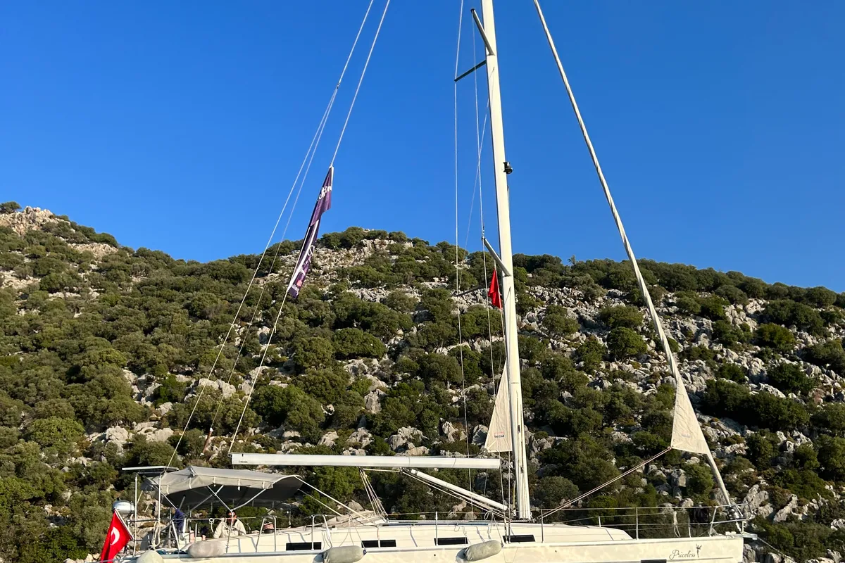 Exterior view of Priceless, a Bavaria Cruiser 40 sailboat at Fethiye, Turkey