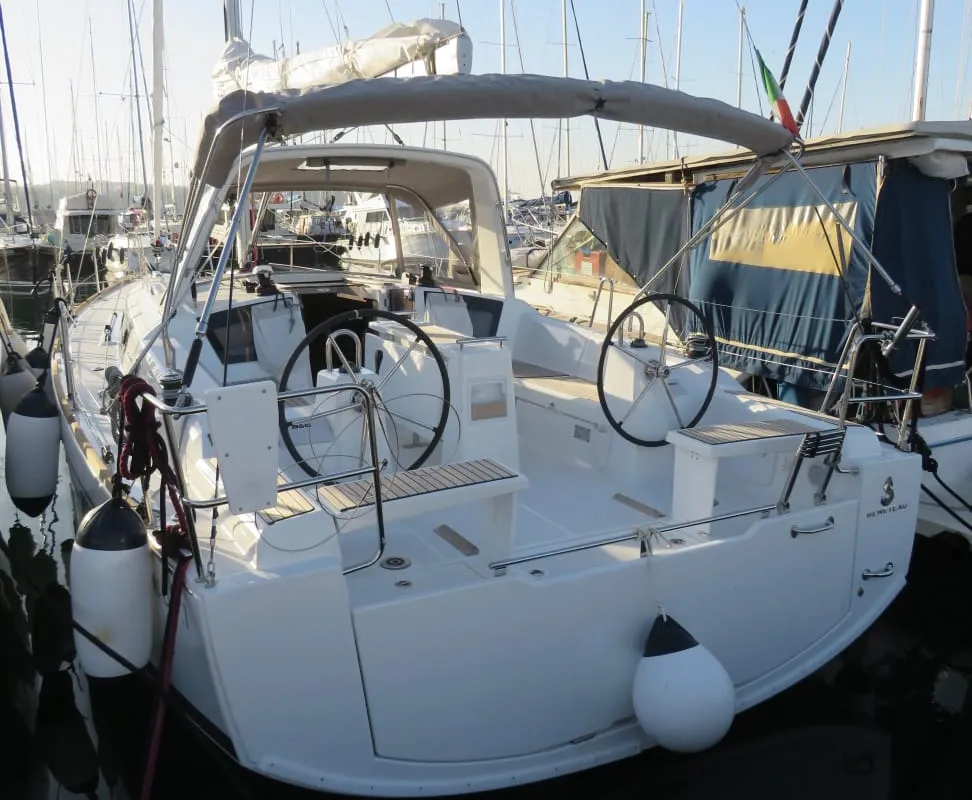 Cockpit of Lina, a Beneteau Oceanis 38 sailboat at Procida, Italy