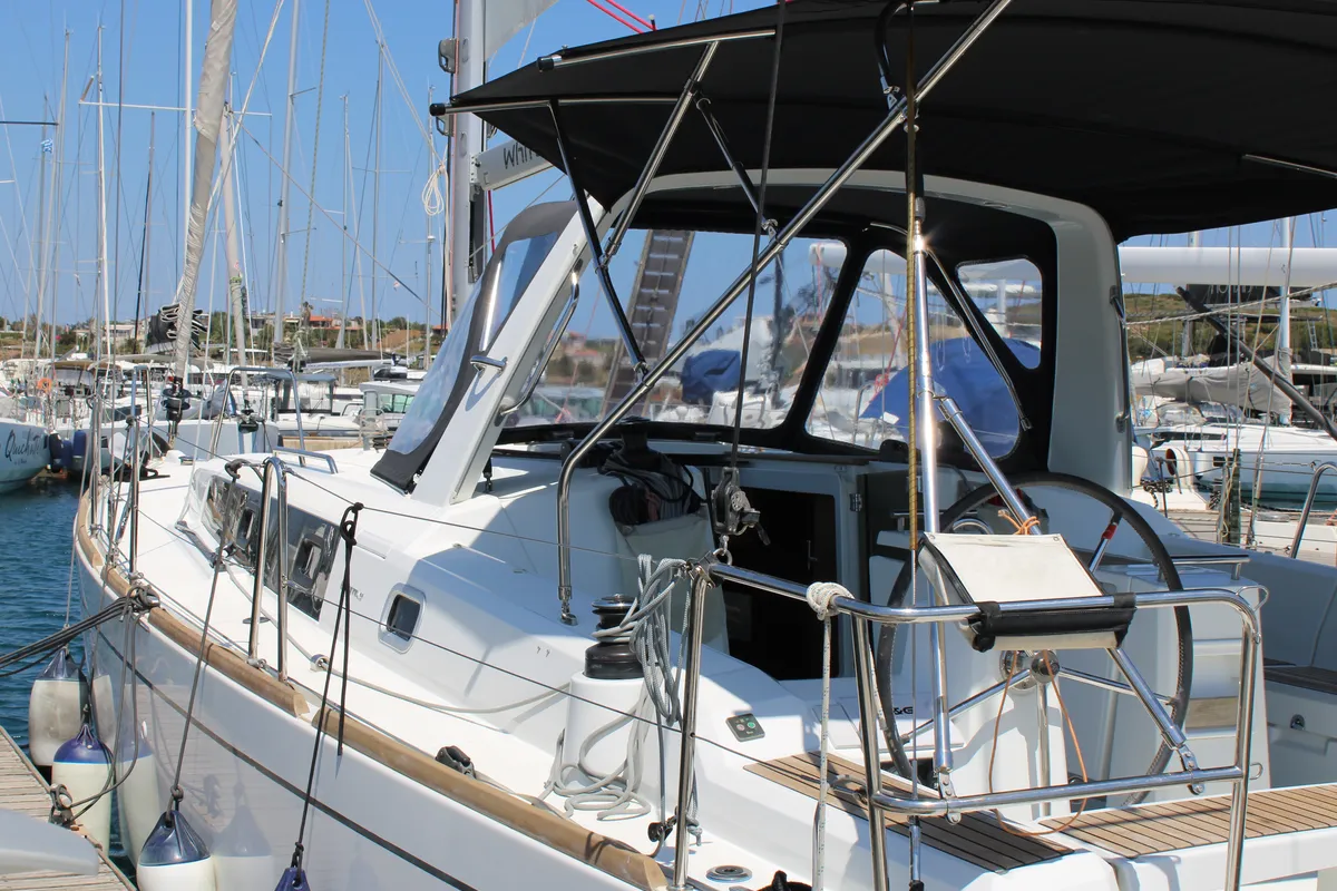 Exterior view of Zeus, a Beneteau Oceanis 38.1 sailboat at Lavrion, Greece