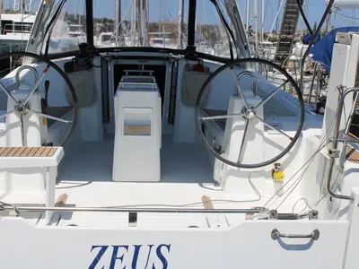 Cockpit of Zeus, a Beneteau Oceanis 38.1 sailboat at Lavrion, Greece