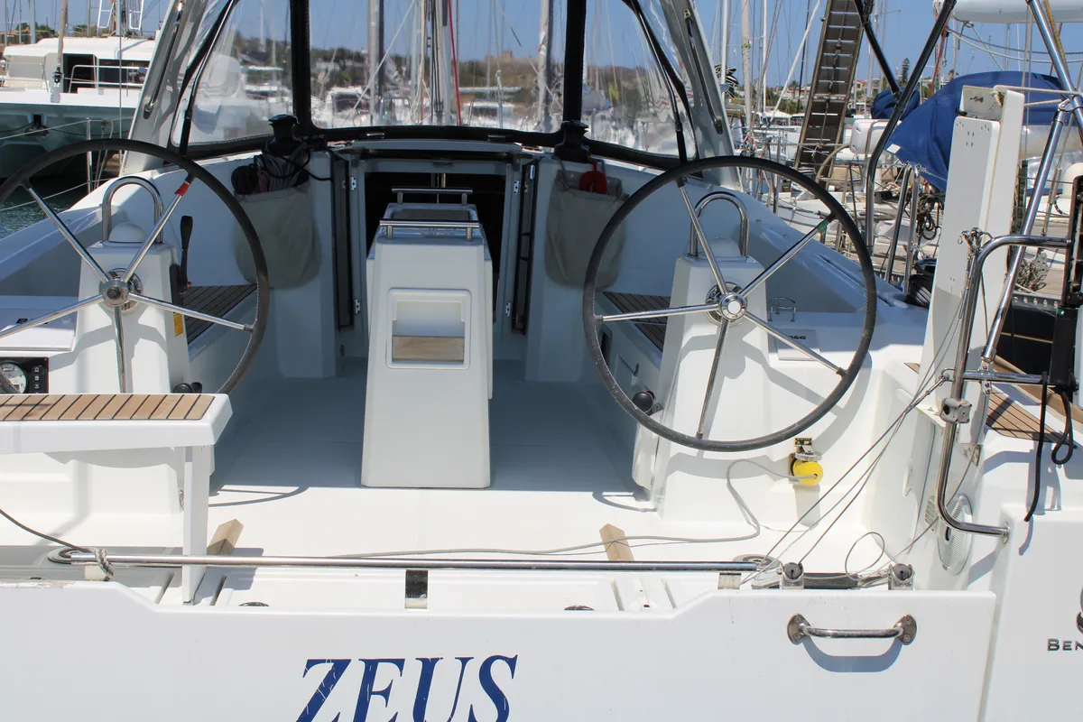 Cockpit of Zeus, a Beneteau Oceanis 38.1 sailboat at Lavrion, Greece