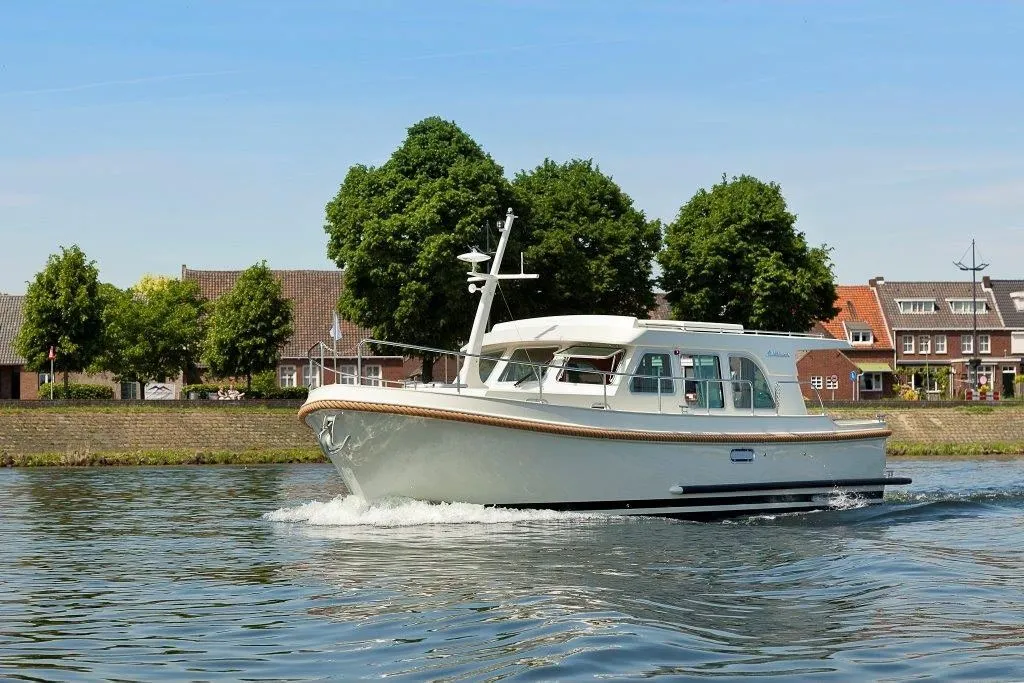 Exterior view of Adagio, a Linssen Grand Sturdy 35.0 Sedan motor yacht at Kinrooi, Belgium