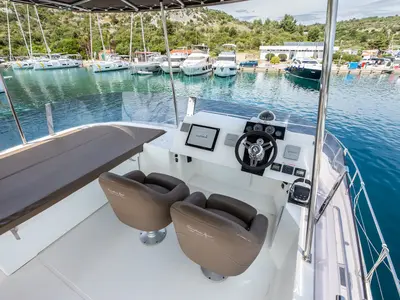 Cockpit of Dream Star, a Fountaine Pajot MY 37 catamaran at Primošten, Croatia