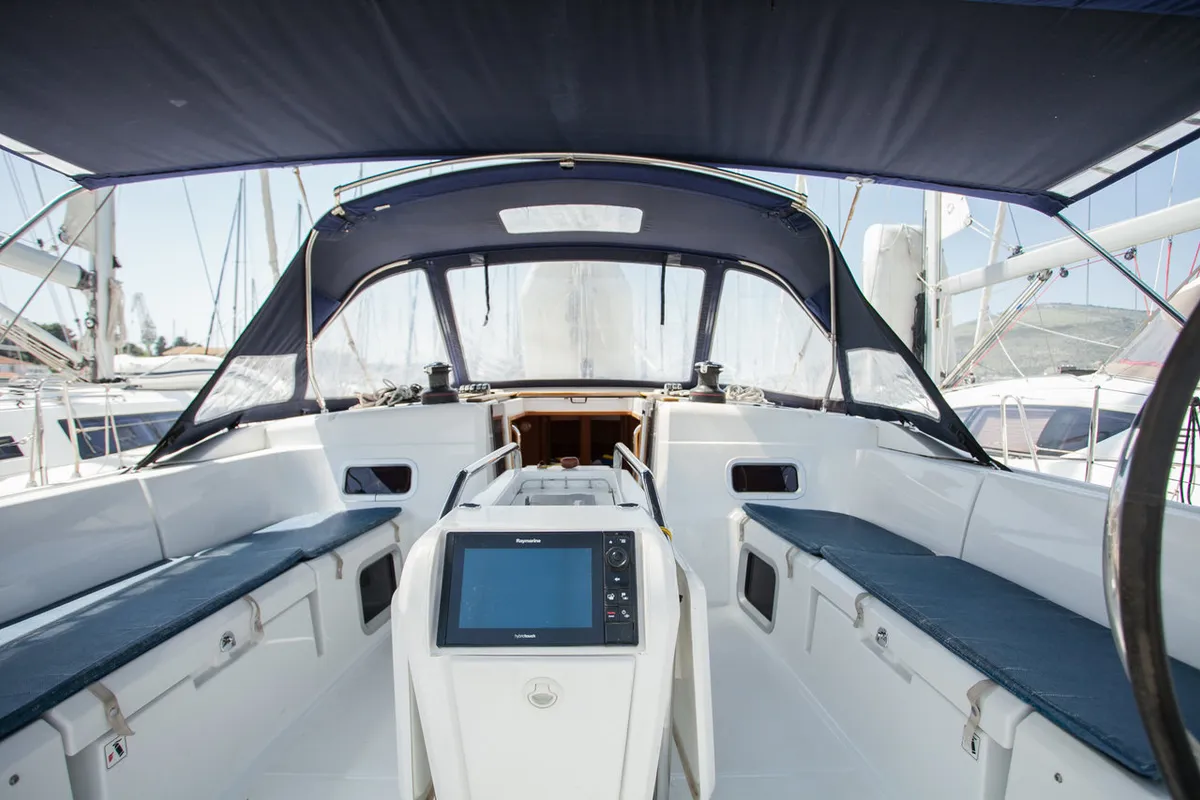 Cockpit of Rock Point, a Jeanneau Sun Odyssey 509 sailboat at Dubrovnik, Croatia