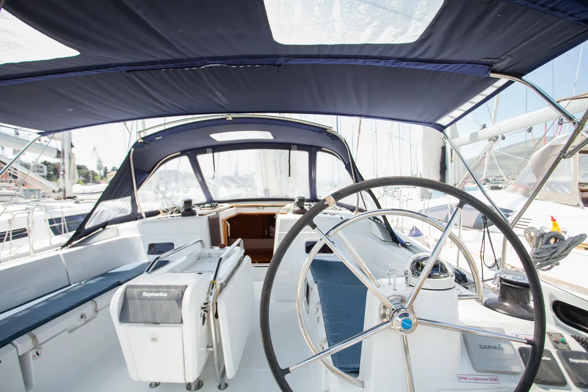 Cockpit of Rock Point, a Jeanneau Sun Odyssey 509 sailboat at Dubrovnik, Croatia