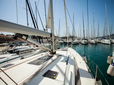 Deck of Rock Point, a Jeanneau Sun Odyssey 509 sailboat at Dubrovnik, Croatia