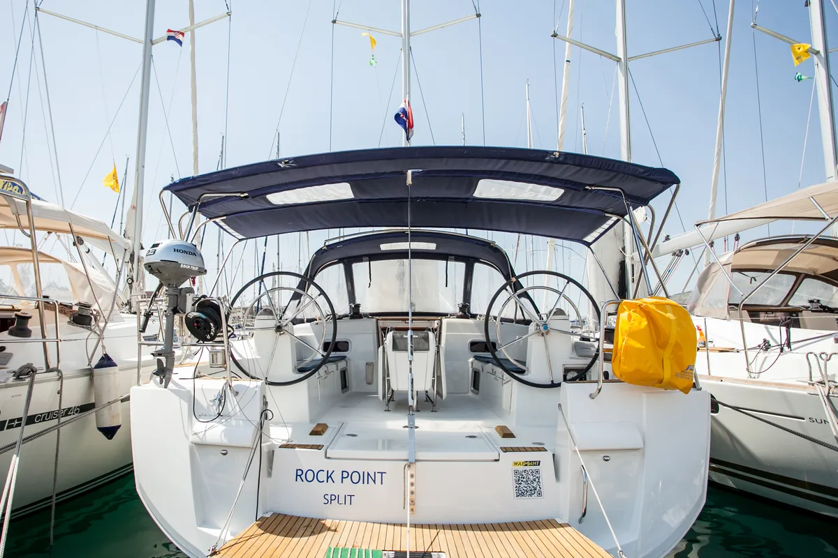 Exterior view of Rock Point, a Jeanneau Sun Odyssey 509 sailboat at Dubrovnik, Croatia