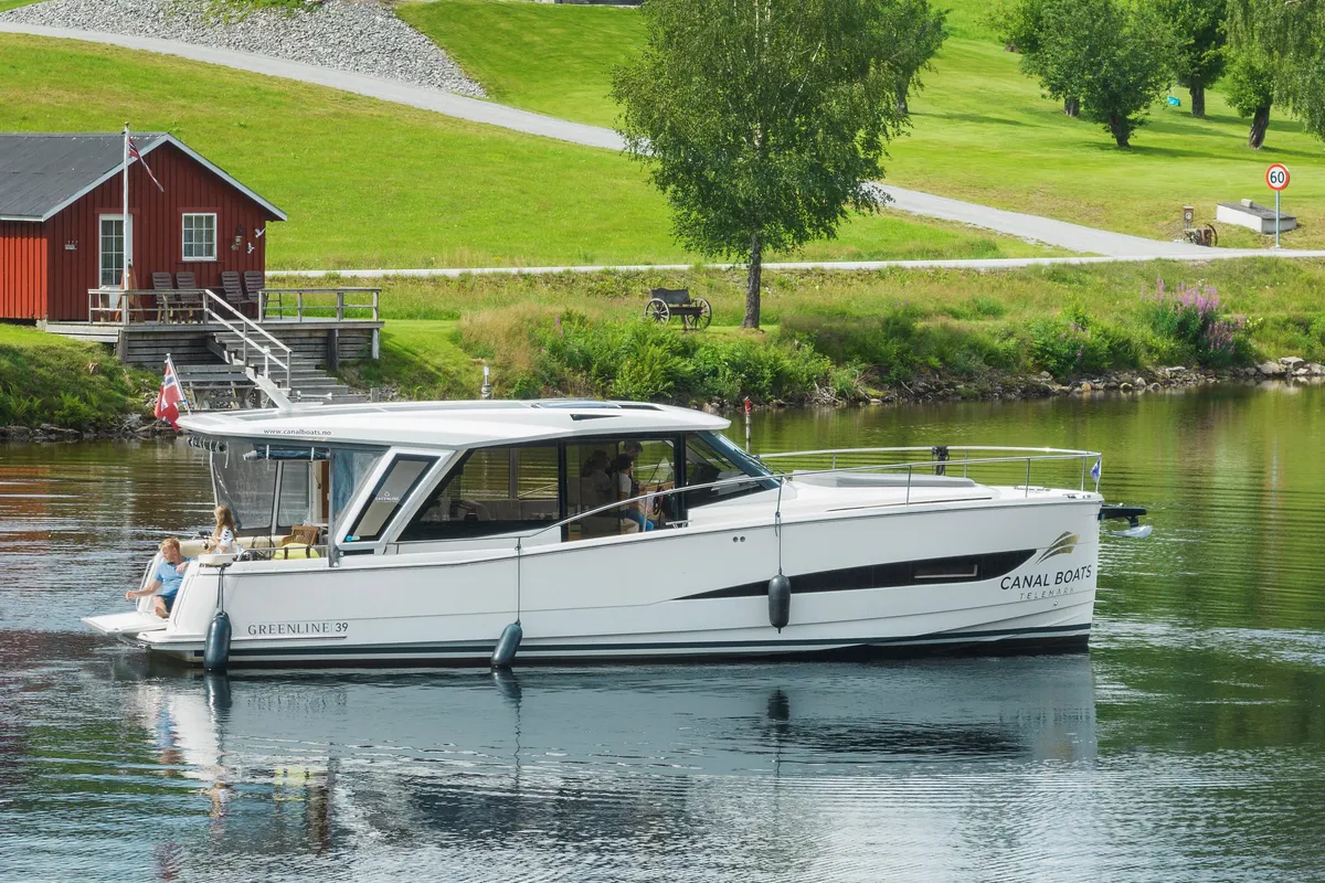 Exterior view of Kviteseid, a Greenline 39 motorboat at Porsgrunn, Norway