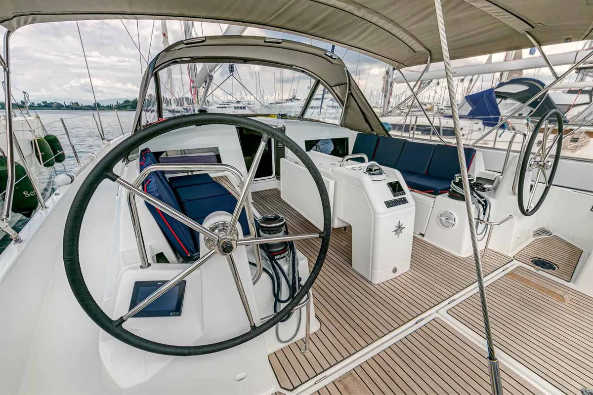 Cockpit of Magellan, a Jeanneau Sun Odyssey 490 sailboat at Kontokali, Greece